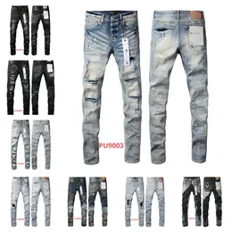 Designer jeans new foreign trade motorcycle men's jeans purple jeans European and American slim straight knee ripped elastic men's trousers