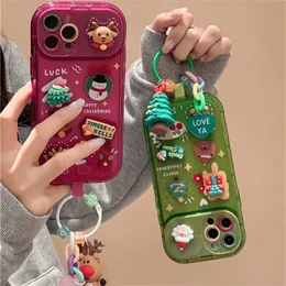 Cartoon Korean Cute Phone Case Christmas Elk Pendant Box iPhone 15 14 13 11 Pro Max X XR Santa Claus Keychain Soft Shock Cover 231104