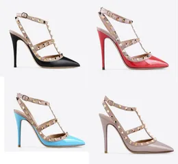 Designer Pointed Toe 2Strap with rivet high heels Patent Matte Leather Sandals Women Girl Strap Dress S Shoes valentine high heel3963856