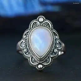 Cluster Rings S925 Sterling Silver Natural Moonstone Lapis Ring For Women Vintage Gemstone Gift Fine Jewelry