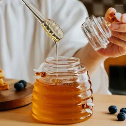 Storage Bottles Clear Glass Honey Jar With Ispensing Stick And Lid Creative Beehives Style Syrupy Liquid For Kitchen Supplies
