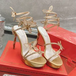Lüks Tasarımcı Kadın Yüksek Topuk Sandalları Kristal Işık Yüksek Kesilmiş Cleo Rhinestone Kakma Yılan Strass Düğün Ayakkabıları
