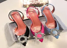 Designer Black Satin Crystal Buckle Womens Slingbacks Pumps Patent Leather Sandals Transparent Silver High-heeled Shoes3797056