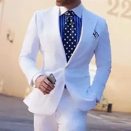 Ternos masculinos brancos, slim fit com lapela larga, para jantar de casamento, noivo, smoking, 2 peças, jaqueta de moda masculina, calças