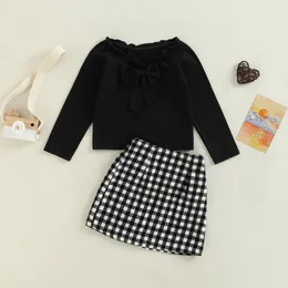 Clothing Sets CitgeeAutumn Kids Girls Suit Set Solid Color Bowknot Long Sleeve Tops Plaid Skirt Fall Clothes 1-6Years