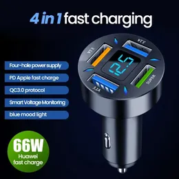 66W Car Charger Quick Charge Cigarette Lighter Adapter 4-Port USB A+USB C Fast Charging Phone Charger for iPhone Xiaomi Samsung