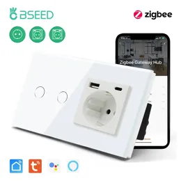 Switches Accessories BSEED Zigbee Touch 123Gang 1Way Wireless Wifi Wall Switch Smart Google Alexa With EU Standard Power Socket Outlet 231202