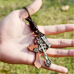 Keychains Jesus Cross Alloy Keychain Pendant Leather Woven Car Retro Men's And Women's Metal Bag