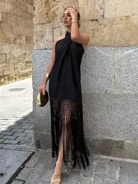 Vestidos casuais jastie preto elegante cruz halter pescoço senhoras vestido 2023 sexy sem mangas backless longo verão moda borla mulheres