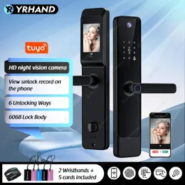 Fechaduras de porta YRHAND Tuya Wifi Digital Electronic Smart Lock com câmera biométrica impressão digital olho mágico 6068 231202