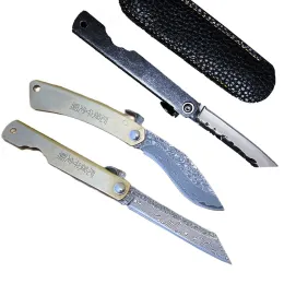 Pocket Knife Folding Japanese Damascus Steel Blade Brass Handle Camping EDC Tool Tactical Military Outdoor Survival Self Defense Knives