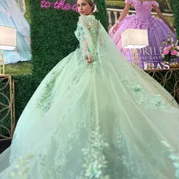 Sage Green 3D Flowers Flower Floral Floral Floriques Lace Quinceanera Dresses Ball Off the Counder Corset Vestidos de XV 15 Anos