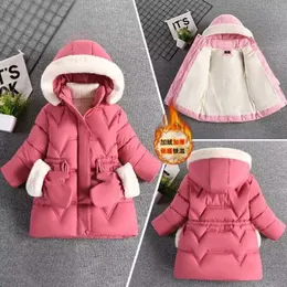 Down Coat Winter Girls Jacket Skicka handskar varm päls krage prinsessa kappa huva blixtlås ytterkläder barn bomullsupptagen parowsuit 2-8y 231202