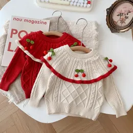 Sets Princess Kids Baby Girl Sweater 05Years Children Long Sleeve Cape Collar Cherry Knitted Pullover Jumper Outwear Autumn Clothes 231202