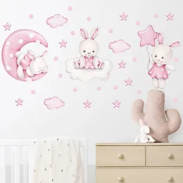 Wall Stickers Watercolor Soft Pink 3 Bunnies Rabbit Moon Clouds Stars for Kids Room Baby Nursery Decals Home Decor PVC 231202