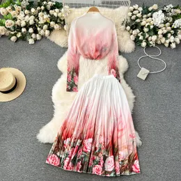 Two Piece Dress New Spring Runway Flower Skirt Suit Women Miyake Stretch Pleated Tops High Waist Floral Printed Skirt Holiday Two Piece Set 2024