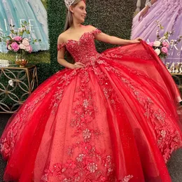 Vermelho brilhante querida vestido de baile quinceanera vestidos fora do ombro frisado apliques rendas lantejoulas doce 16 vestido vestidos de 15 anos