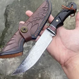 Nytt Damascus Steel Drop Point Blade Ebony Handle Hunt Tactical Knife Outdoor Camping Självförsvar Överlevnad Militärverktyg