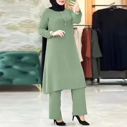 Ethnic Clothing 2023 Fashion Muslim Sets Turkey Long Sleeve Blouse Pants Set 2pcs Solid Color Elegant Casual Outifits Ramadan Abaya Hijab