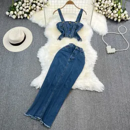 İki parçalı elbise amolapha kadın yaz denim 2 parçalı setler askısız askı kayışı kısa topshigh bel uzun kot etekler kıyafetler takım elbise 231202