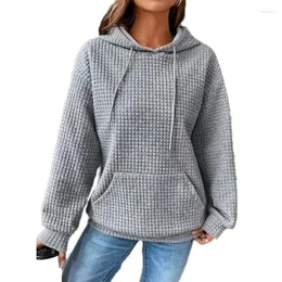 Hoodies femininos padrão waffle de malha feminina 2023 outono inverno casual bolsos soltos manga longa moletom com capuz mulher