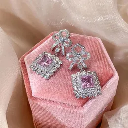 Stud Earrings Square Inlaid Pink Diamond Bow Super Fairy Simple Full Party Wedding Jewelry Wholesale Female