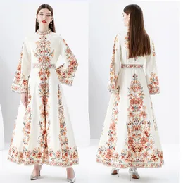 Flare Sleeve Urlaub Frau Maxi Kleid Robe Retro Floral Stehkragen Knopfleiste Vorne Slim Casual Party Hohe Taille Boho Kleider 2023 Frühling Herbst Runway Designer Kleider