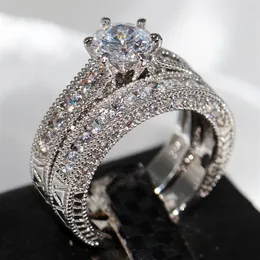 Vecalon Fashion New Arrival Retro Jewelry 14KT White Gold Filled Round Cut Topaz Gemstones CZ Crystal Enternity Bridal Couple Ring237r