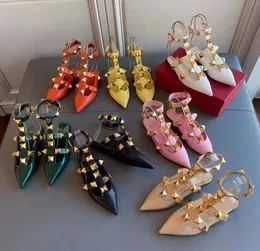 2021 new pointed shallow mouth Baotou flat belt buckle candy color rivet rear empty sandals women039s leather shoes8003594