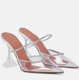 Novo verão Amina Muaddi Gilda Sandálias Sapatos Mules de Salto Feminino Mules de Couro Embelezado com Cristal Martini Salto Vestido de Festa Perfeito Andando Sapato de Salto Alto eu42