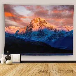 Blankets Snowy Mountain Peaks Cartoon Tapestry Blooming Red Flowers Decoration Home Bright Sunlight Bedroom Wall Art Hanging Carpet