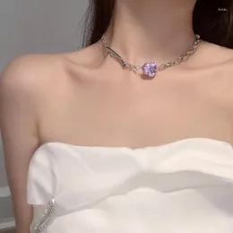 Pendant Necklaces VSnow Temperament Purple Rhinestone Love Heart Chokers Necklace For Women Fashion Asymmetric Chunky Chain Metal Jewelry