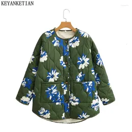 Women's Trench Coats KEYANKETIAN Winter Fresh Floral Printing Padded Fleece Quilted Jacket Crop Parkas Single Breasted Quilting Outerwear