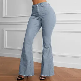 Calças femininas moda luz azul listrado malha empilhados outono mulheres bottoms streetwear extra longo cintura alta flare