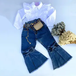 Conjuntos de roupas 0 4y meninas outono roupas bebê ruffle manga longa lapela camisas brancas arco flare jeans criança calças jeans conjunto crianças roupas 231202