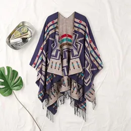 Scarves Warm Cozy Winter Poncho Vintage Print Tassel Irregular Hem Women's Cape Geometric Contrast Color Imitation Cashmere Fall