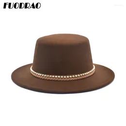 Berets FUODRAO Classic Solid Color Flat Top Bowler Hat Wool Fedora For Women Wide Brim Jazz Cap Elegant Lady Panama Hats P17