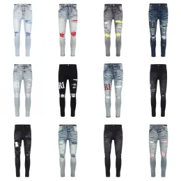 자주색 청바지 Amirs 청바지 남성 강아지 청바지 디자이너 Mens Skinny Jeans 고급 디자이너 데님 팬트 고민 찢어진 자전거 타는 바이커 블랙 블루 진 슬림 한 오토바이 크기 28-40