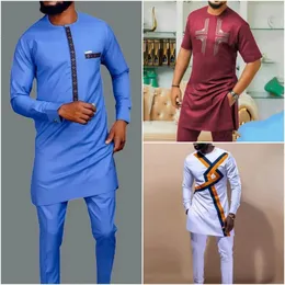 Ethnic Clothing African Wear For Men's Suits Solid Color Simple Shirts and Pants 2PCS Sets Outfit Fashion Casual Wedding 231202