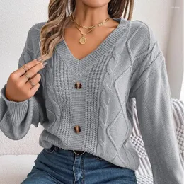 Women's Sweaters Autumn And Winter Pullover Solid V-neck Button Screw Thread Fried Dough Twists Lantern Long Sleeve Sweater Knit Tops