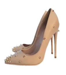 Fashion Beige Matte Leather with Gold Rivet Spiked High Heels Shoes Sexy 12cm Pointed Thin Heel Studded Ladies Dress Shoe4289530