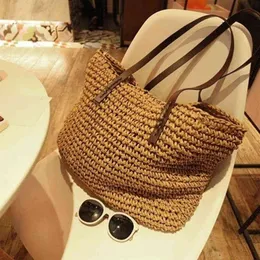 Kadınlar yaz plajı vintage el yapımı örgü saman rattan çanta büyük omuz çantaları boho dokuma çanta tote bolso playa g2202109t