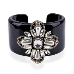 Bangle Hahatoto Trendy Black Harts Inlaid Handgjorda kristallpärlade blommauttalande kvinnor smycken 3297230Q