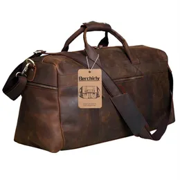 Berchirly vintage cavalo louco couro genuíno dos homens duffle bagagem de viagem natural grande saco fim de semana hangbag lj200922220s