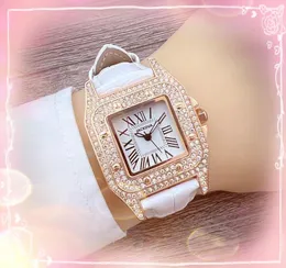 Fashion roman number square quartz genuine leather watch women bling crystal diamonds ring popular Iced Out lovers rose gold silver case tank series wristwatch