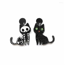 Асимметричные акриловые серьги-гвоздики с милыми животными, блестящие черные кошки и скелеты, модные ювелирные изделия, серьги-гвоздики Kirs22201B