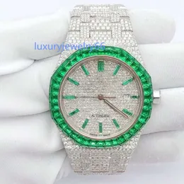 Iced Out Relógio Aço Inoxidável Full Diamond Bustdown Green Baguette Moissanite Watch