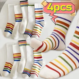 Mulheres meias arco-íris listrado algodão outono inverno quente médio tubo meia masculina moda esporte sox suor absorvente respirável meia