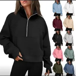 2030 Yoga Scuba Half Zip Hoodie Jacket Designer Sweater Feminino Define Workout Sport Coat Fitness Activewear Top Sólido Zíper Moletom Esportes Roupas de Ginástica