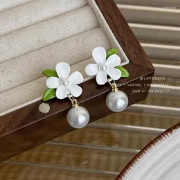 Stud Earrings Fresh White Gardenia French Style Flower And Green Leaf High-quality Pearl Gentle Super Good Jewelry